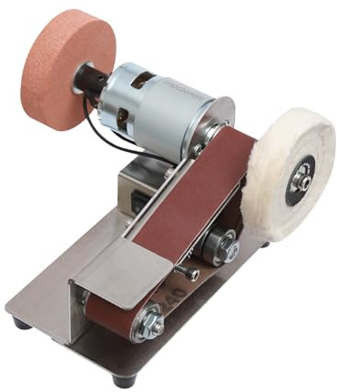 VonVVer Lijadora de banda eléctrica de 150 W, 7 velocidades con 4500-9000 rpm y 20 bandas (30 x 330 mm) para metal/madera/joyas, incluye disco abrasivo, rueda de pulido y protección contra el polvo