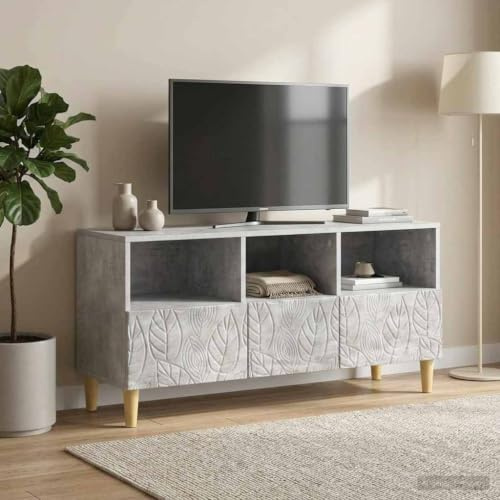Boltkex TV-skåp, lågbräda, betonggrå, av trämaterial, 102 x 34,5 x 50 cm, med 3 lådor, eukalyptusben, mediemöbler för vardagsrum, hemmabio, ordning och förvaring