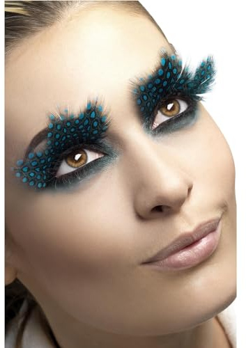 Smiffys Wimpern, Große Feder mit aquamarinblauen Punkten, enthält Klebstoff Halloween
