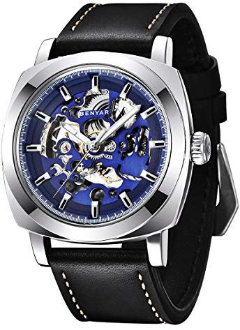 BENYAR - Uhren Herren Uhr Automatik Mechanische Armbanduhr | Lederband | Goldene Bewegung | 45 mm Skeleton Dial | Wasser- und Kratzfest | Elegantes Geschenk für männer