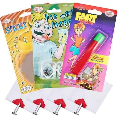 Juego de 8 Piezas Juguetes de Broma Clásica, Incluyes 5 Piezas Uñas Postizas a Través del Dedo, Cubo de Hielo de Volar, Silbato de Pedo y Excremento de Perro de Broma Falsa