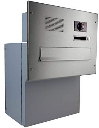 F-042 XXL Edelstahl Mauerdurchwurf Briefkasten mit Klingel, Sprechsieb & Kamera (Tiefe: 27-40,5 cm) - LETTERBOX24.DE