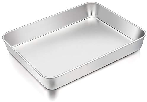 TeamFar Lasagna Pan, 12.3’’ x 9.75’’ x 2’’, Stainless Steel Rectangular Cake Brownie Casserole Pan For Roasting Baking, Healthy & Heavy Duty, Brushed Surface & Deep Side, Dishwasher Safe