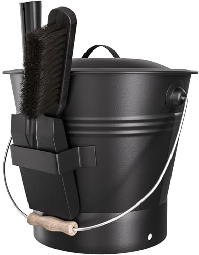 AMAGABELI GARDEN & HOME XL 3-Gallon Metal Ash Bucket with Lid Shovel Broom for Coal Ash Can Fire Pit Charcoal Fireplace Bucket Essential Tools for Indoor Outdoor Wood Burning Stove Hearth Accessories