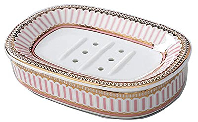 Soap Dish for Bathroom Shower, Ceramic Chic Stripped Pink Bar Soap Holder with Drainer, Large Sized Face Body Bar Soap Dish Tray Container for bathroom, Kitchen Bathtub Sink Counter