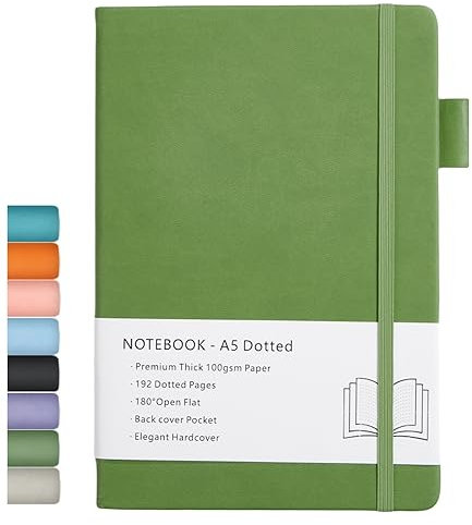 Dotted Journal A5, Hardcover Notizbuch Gepunktet mit 192 Seiten, Premium 100 GSM Dickes Papier, Innentasche, Elastisch Gebändert, Kunstledereinband, 14,5x21,3 cm (Grün)