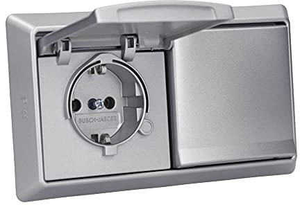 Busch-Jaeger Allwetter 44 Set: 2x SCHUKO Unterputz Steckdose mit Klappdeckel 20 EUGK-33-101 + 2-fach Rahmen 2102-33 Alusilber UP IP44