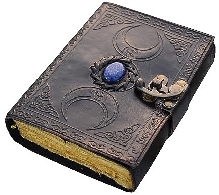 KMAAC Buch der Schatten, Zauberbuch, blanko, Wicca, Grimoire, Notizbuch, Hexenbücher, ungestartet, Requisite, Mond, Leder, Tagebuch, antikes Büttenblatt, Dreifachmond, geprägtes 17.8x12.7 cm, schwarz