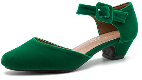 Enelauge Women's Ankle Buckle Strap Low Block Chunky Heels Closed Toe D'Orsay Pumps Dress Work Church Evening Shoes Green Velvet 39-7.5US