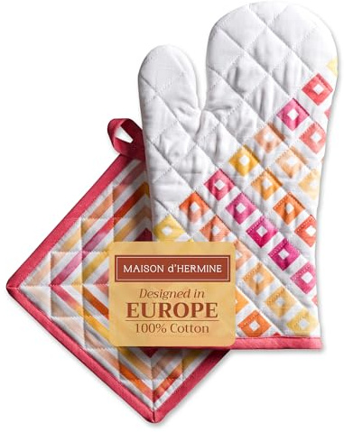 Maison d' Hermine Ensemble manique et Gant de Cuisine 100% Coton (19 x 33 cm et 20 x 20 cm) Gants résistants à la Chaleur pour Manipuler Les Plats Chauds, Printemps-été (Summer Maze)