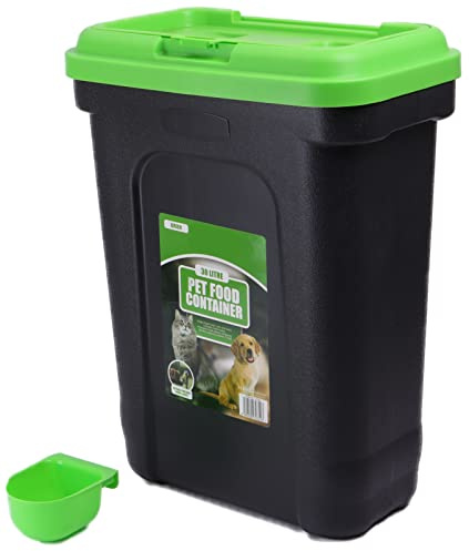 DIVCHI Boîte de rangement pour nourriture pour animaux de 30 L avec couvercle à rabat verrouillable et pelle intégrée en plastique hermétique pour oiseaux, chiens, chats, animaux de compagnie