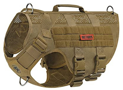 OneTigris Hundegeschirr Grosse Hunde, AIRE MESH Taktisches Anti Zug Geschirr mit 2 Griff Verstellbar Brustgeschirr No Pull Dog Harness Atmungsaktiv Braun L