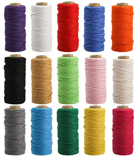 ZEAYEA 15 Rolls Macrame Cord, 2mm x 480 Yards Natural Cotton Twine String Cord, 3 Strand Twisted Soft Macrame Rope for Artworks, Wall Hanging, Plant Hangers, Crafts, Knitting, Wrapping String