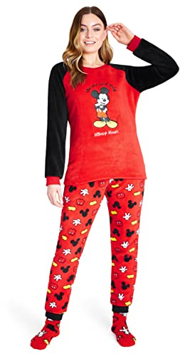 Disney Pigiama Donna Invernale in Pile con Calze Stitch Topolino Minnie Baby Yoda (Rosso Mickey, M), (8687)