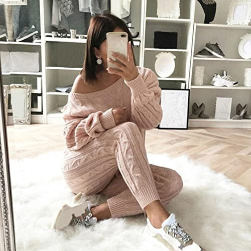 Damen 2-teiliges Set Weihnachtspullover Herbst-Winter-Strickset Outfit Damen O-Ausschnitt Pullover Volltonfarbe Tops + Hosen Set Outfits-Rosa 1,S