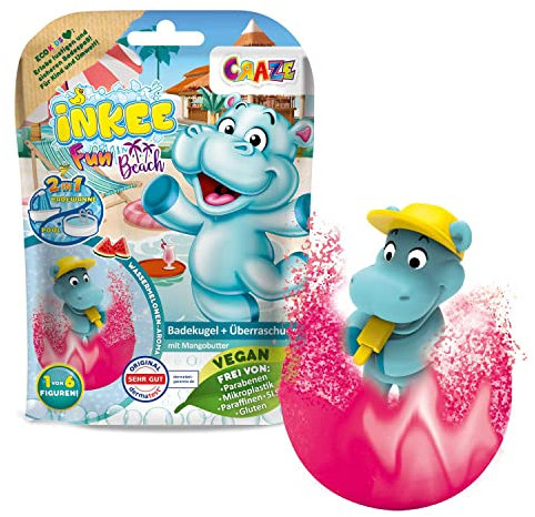 INKEE FUN BEACH | Badekugel Kinder mit Überraschung, Badebombe Kinder mit Hippo Stempel, Mit Mangobutter & Wassermelone-Duft