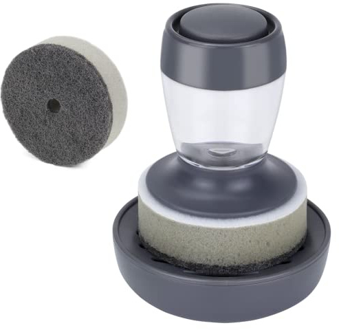 DAPOWER Spülbürste mit Seifenspender, Küchenbürste für Geschirr, Töpfe, Pfannen, Spülbecken, Scheuerschwamm, Geschirrschrubber mit Halter-Set (grauer Griff und Scheuerschwamm)