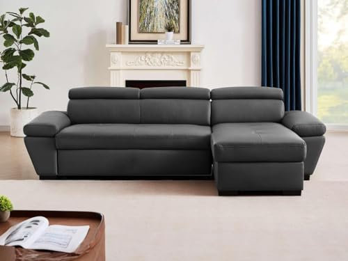 Vente-unique-Ecksofa Leder mit Schlaffunktion - Ecke Rechts - Anthrazit - JONOVA