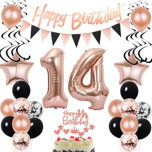 ballons 14 ans anniversaire fille décoration noir or rose topper gâteau 14 ans anniversaire décoration gâteau 14 ans anniversaire fille 14 ans ballon guirlande 14 anniversaire fille décoration