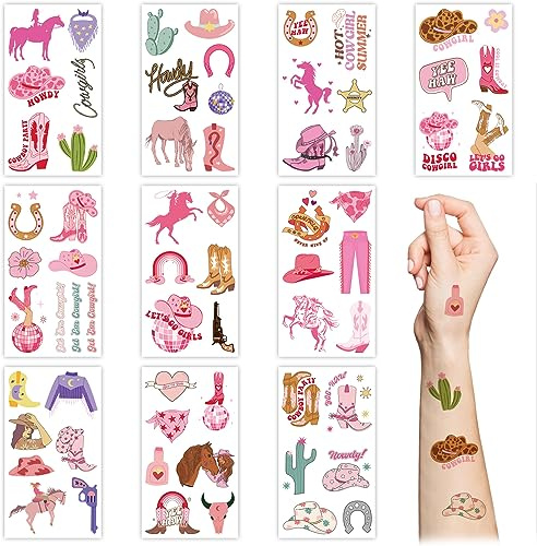 Temporäre Tattoos im Western-Cowgirl-Stil, 10 Blatt, Wild-West-Rosa, Disco, Cowgirl, Kaktus, Pferd, Kuh, wasserfest, Fake-Tattoo-Aufkleber für Kinder, Mädchen, Geburtstagsgeschenke, Partyzubehör