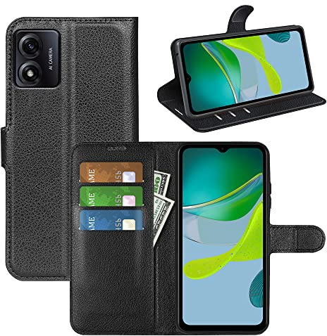 BOCTECH Funda para Motorola Moto E13, Carcasa con Tapa Flip Case Libro de Cuero PU Piel y Silicona Suave Cartera Cover Antigolpes con Cierre Magnético, Ranura para Tarjeta y Soporte, Negro