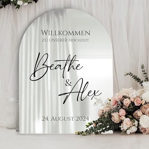 Manschin-Laserdesign Willkommensschild Acrylglas Spiegel personalisiert in veschiedenen Farben - Made in Germany - Welcome Willkommen Schild für Hochzeit (90x60, Silber)