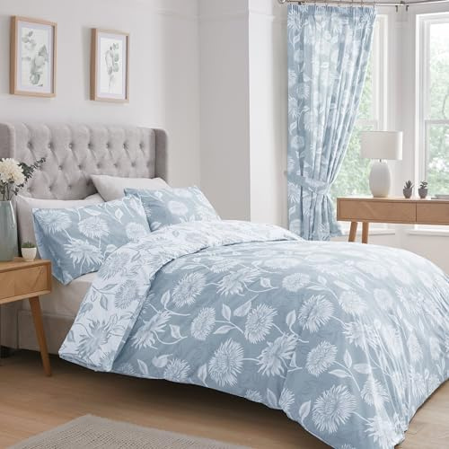 Dreams & Drapes - Blauer Chrysanthemen-Bettbezug, Doppelbettgröße, wendbar (2 Farben), pflegeleicht und waschbar, Blaue Bettwäsche, hellblaue Blumen-Bettwäsche, Blaue Blumen-Bettwäsche-Sets