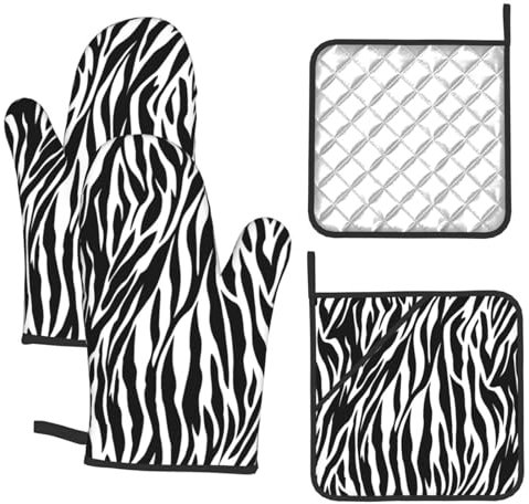 Oven Mitts and Pot Holders 4 pcs Set Heat Resistant Oven Mitt Zebra Print Kitchen Oven Gloves with Lanyard Non-Slip Oven Glove for Cooking Oven Mittens for Microwave