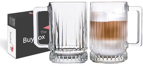 Set di 2 Tazze da Caffè in Vetro, Bicchieri da Latte, Tazze in Vetro per Bevande Calde con Manici, Set di Tazze da Tè e Cappuccino, Boccale da Birra, Bicchieri a Coste (310 ml/10,4 oz)
