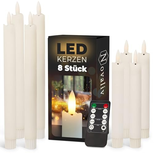 Sparset Stabkerzen LED mit Timer Klein+Groß WEISS 8 Stück WEISS indoor - 6 Stunden - ECHTWACHS 18cm+23cm Höhe für Kerzen 2,2cm Durchmesser 2 AAA Batterien notwendig LED Stabkerzen flackernde Flamme