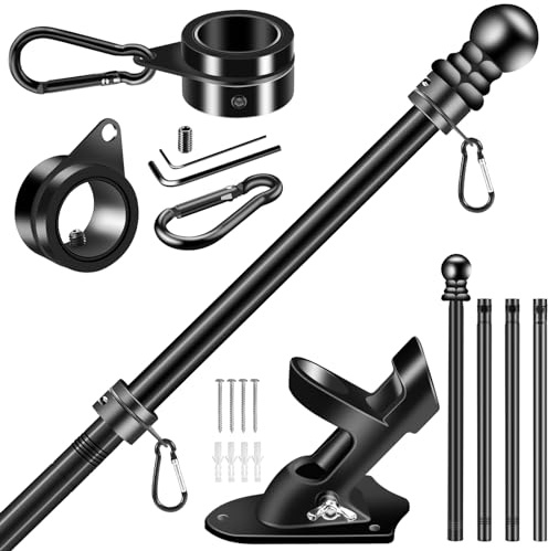 BONWIN Black Flag Pole Kit for House, 5 FT Thickened Stainless Steel Outside Wall Mount Flagpole for 3x5' Flag, 1 Tangle Free Rotating Flag Pole Rings & 2-Position Bracket Holder for Porch