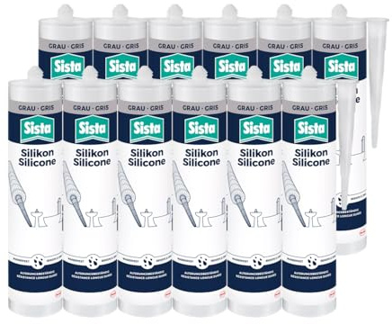 Sista Sanitär Silikon, elastischer, sauervernetzender Silikon-Dichtstoff, pilzhemmend und abriebfest, Fugen im Sanitär- und Feutraumbereichen, grau, 12x 280ml