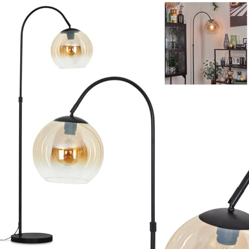 Stehleuchte Koyoto, Stehlampe aus Metall/Glas in Schwarz/Bernstein/Klar, Leuchte im Retro/Vintage/Industrial-Design mit Schirm aus Glas (Ø 25 cm) u. Fußschalter, Höhe 141 cm, 1x E27, ohne Leuchtmittel