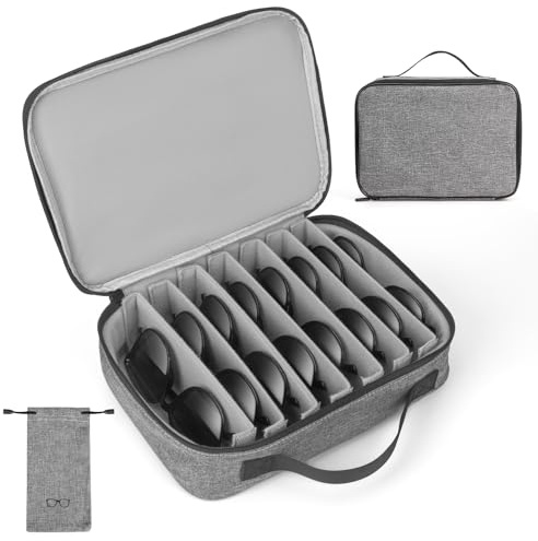 Sunglasses Travel Organizer Case for Multiple Pairs, 8 Adjustable Slots Eyeglasses Glasses Organizer Case with Soft Sunglasses Bag Pouch, Portable Sunglass Storage Box for Men and Women - Grey