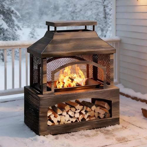 Zolyndo 37 Inch Outdoor Fireplace, Wood Burning Fire Pit for Patio with Built-in Log Storage, Steel Rectangular Fire Table with Poker for Camping, Garden, Backyard, Antique Brass