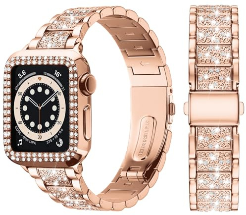 wutwuk Armband kompatibelt med Apple Watch-armband för kvinnor, 46 mm, 45 mm, 44 mm, 42 mm, 41 mm, 40 mm, 38 mm, glittrande metallarmband, iWatch med bling fodral som är kompatibelt med serie 10, 9, 8