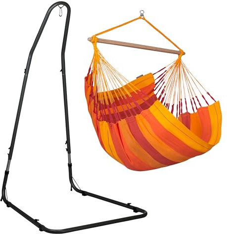 LA SIESTA® Habana Baumwoll Hängesessel & Stahlgestell - Hängesessel Gestell für Hängeschaukel, Ständer für Hängesessel für Indoor Outdoor, Garten Hängesessel für 2 Personen - Comfort Size, Volcano