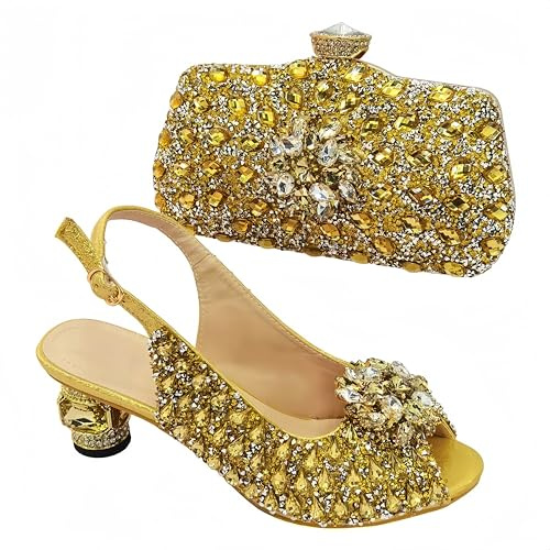 Qlujek Women Shoes and Bag Set for Evening Party Wedding Italian Style High Heels Pumps Decorated with Rhinestone(Gold,9)
