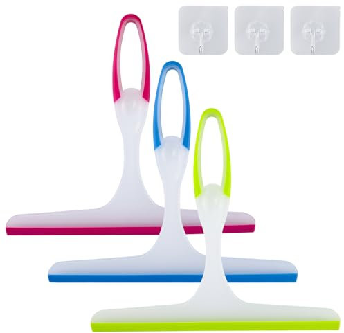 3 Pcs Tergivetro per Doccia con 3 ganci adesivi, Lavavetri Spatola Vetro Doccia Tergivetro in Silicone Tergipavimento Multiuso per Pulire e Asciuga Vetri Piastrelle Finestre Specchio Bagno Pavimento