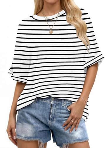 WNEEDU Camisetas Manga Corta Mujer Verano 2025 Blusas Cuello Redondo Top Suelta Básicas Túnica Oversize Tshirt Blanco Rayas Negras XXL