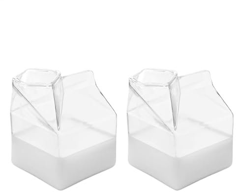 Vaso de Leche 350 ml, 2 Piezas Jarra de Leche de Vidrio Transparentes Vasos de Cóctel, Jarra Leche c-ristal Reutilizables Vasos Cuadrados con forma de Casa para Leche, Café, Limonada, Jugo, Bebidas