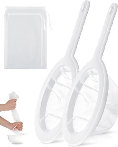 TOZBLEU 2pcs colino fine con manico lungo 200 400 maglie e 2pcs borsa a rete, filtro a maglia fine, filtro da cucina in rete, filtro a maglia fine in plastica, filtro per la casa per succo,latte,caffè
