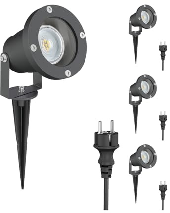 ledscom.de 4x LED Gartenstrahler DUK anthrazit mit Erdspieß für außen, IP65, inkl. GU10 LED Reflektor (warmweiß, 5,4W, 510lm, 45°)