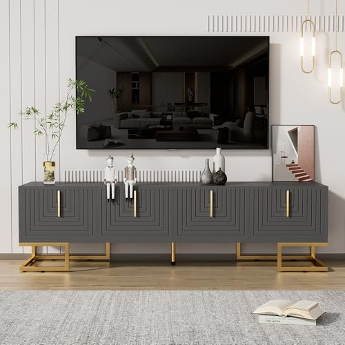 Jaxenor 170 cm TV-skåp med lådor, lowboard med strukturerad dörr, TV-bänk med gyllene handtag och gyllene fötter, TV-bord i trä, TV-skåp, gråsvart