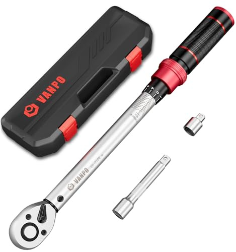 VANPO Torque Wrench 1/2 Drive, 20-220Nm Car Wrench Set with 1/2 to 3/8 Adapter & Extension Bar, ±3% Accuracy, Dual-Direction, 72-Tooth Wheel Nut Removal Tool Kit for Car, Motorcycle & Truck Repairs