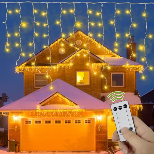 BAOMING Eisregen Lichterkette Außen 12M 400LEDs Warmweiß, EU Stecker mit Timer + 8 Modi + Speicherfunktion，Mit Fernbedienung，für Weihnachten, Hochzeit, Hallow