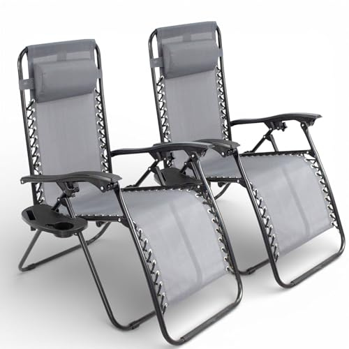 Pincho Tumbona Jardin Exterior Plegable de Gravedad Cero - Pack 2 Sillas Reclinables o Hamacas para Playa, Terraza y Camping con Portavasos, Ligeras y Cómodas (Gris)