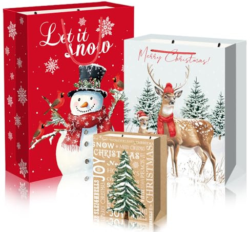 DECHISY 3 Stück Weihnachtstüten mit 3 Verschiedene Größen, Tüten Weihnachten mit Griff, Geschenktasche Weihnachten für Weihnachtsgeschenke, Partyzubehör, Geschenken
