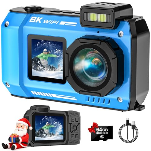 SPUNALP 8K UHD Underwater Camera, 70MP 33ft WiFi Waterproof 64GB Card Auto Focus 2500mAh Battery 18X Floating Digital Snorkeling Camera Blue