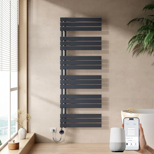 EMKE WiFi Handtuchheizkörper Elektrisch 1599x600 mm, Flach Badheizkörper Elektrisch, Elektrischer Handtuchwärmer Handtuchtrockner Handtuchheizung mit Thermostat und Heizstab - 1000W, Anthrazit